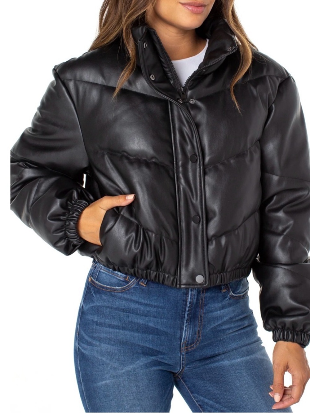 Cropped Black Faux Leather Bomber Jacket Women’s Size L Minimalist Street Style - Picture 7 of 7